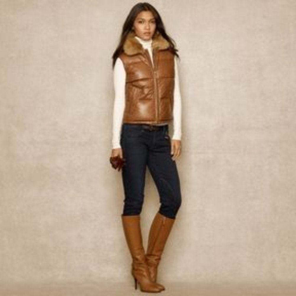 Ralph Lauren Blue Label Leather Down Puffer Bomber Vest w/ Fur